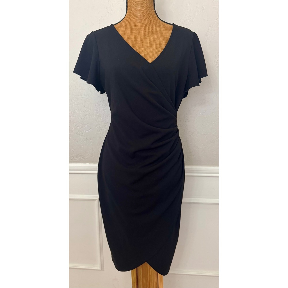 Black Flutter Sleeve Wrap V-Neck Ruched Sheath Dress Size M